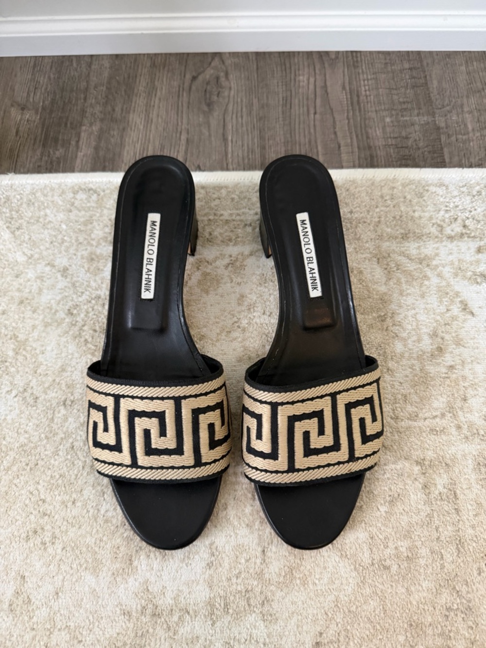 Manolo Blahnik Black and Beige Woven Geometric Slide Mules